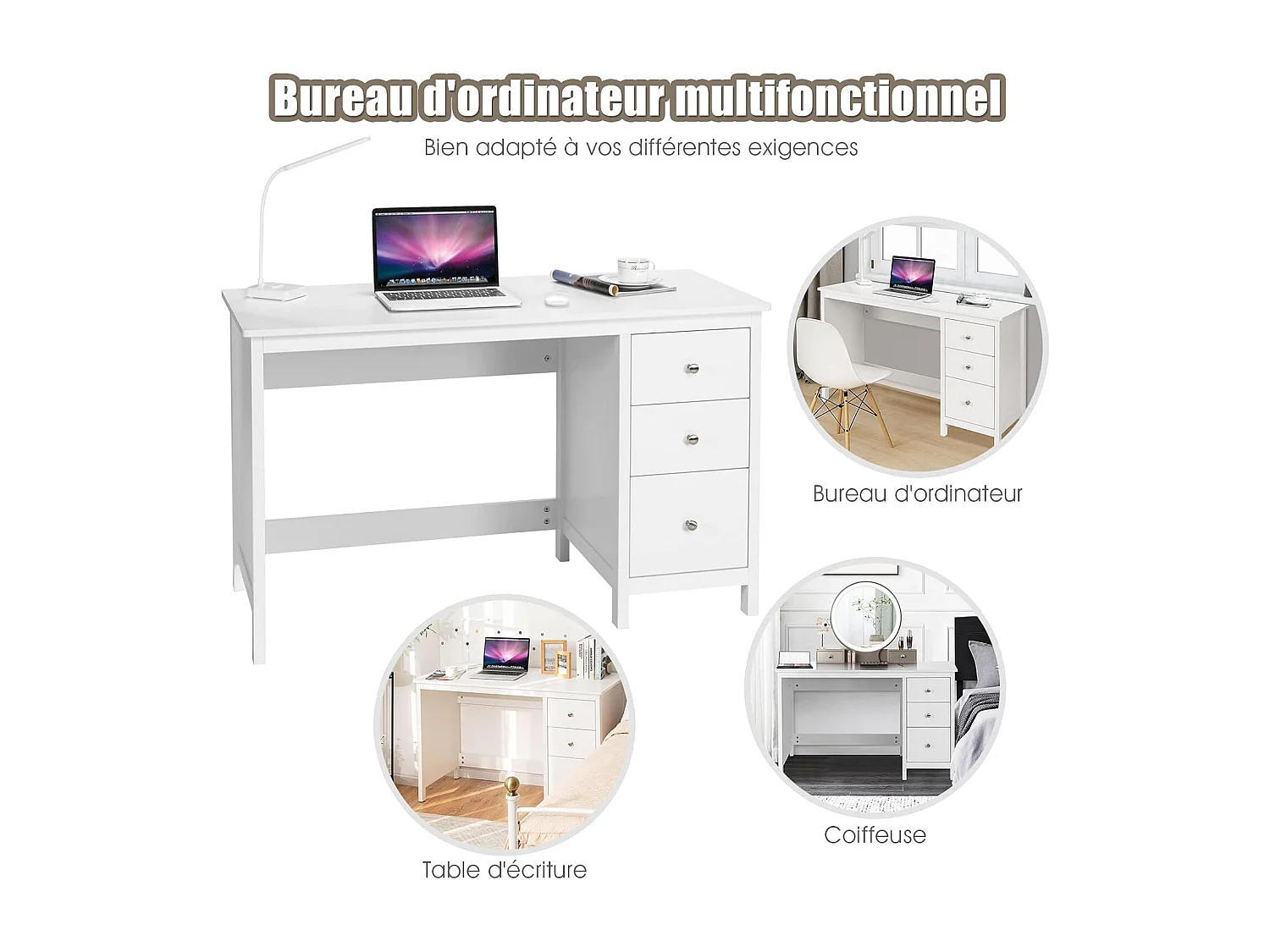 Bureau d'Ordinateur, Table de Bureau avec 3 Tiroirs de Rangement, Bureau d'Écriture, Table d'Étude, Postes de Travail pour Chambre, Bureau, 50 x 120 x 75 cm (Blanc)