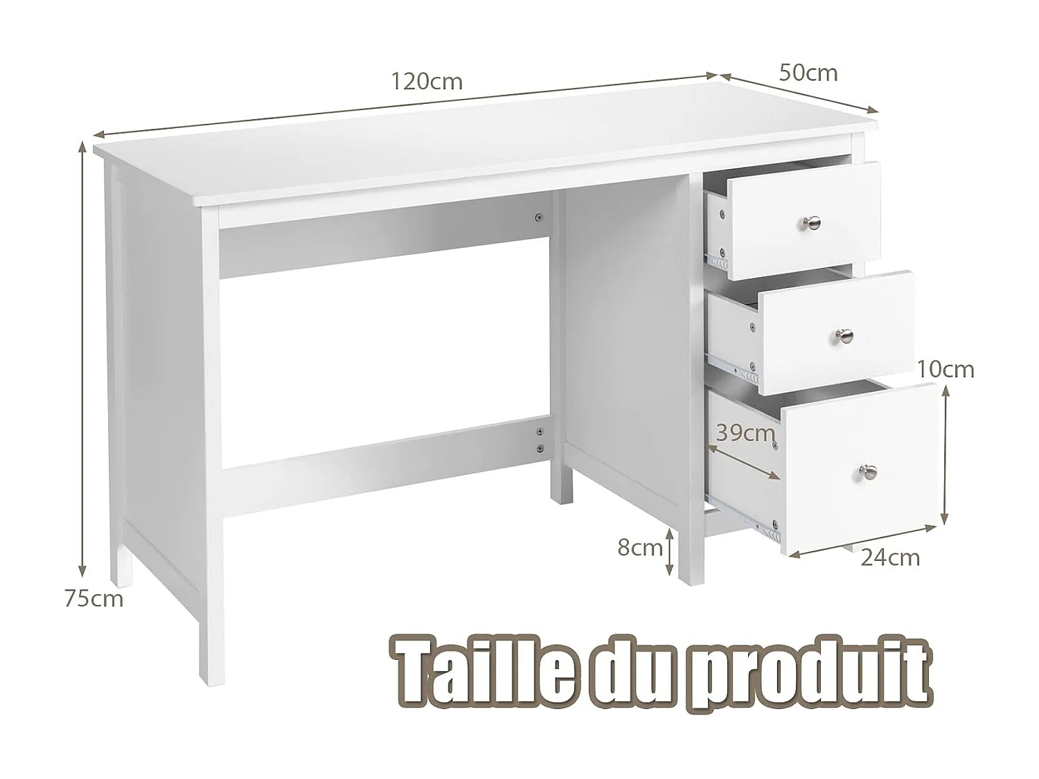 Bureau d'Ordinateur, Table de Bureau avec 3 Tiroirs de Rangement, Bureau d'Écriture, Table d'Étude, Postes de Travail pour Chambre, Bureau, 50 x 120 x 75 cm (Blanc)