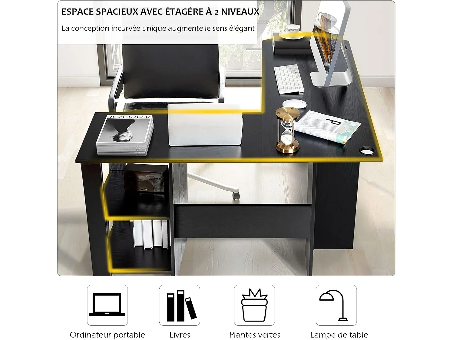 Bureau en Forme de L, Bureau d'angle avec Étagères de Rangement à 2 Niveaux, 2 Passe-câbles et Coussinets Antidérapants, 130 x 130 x 72,5 cm