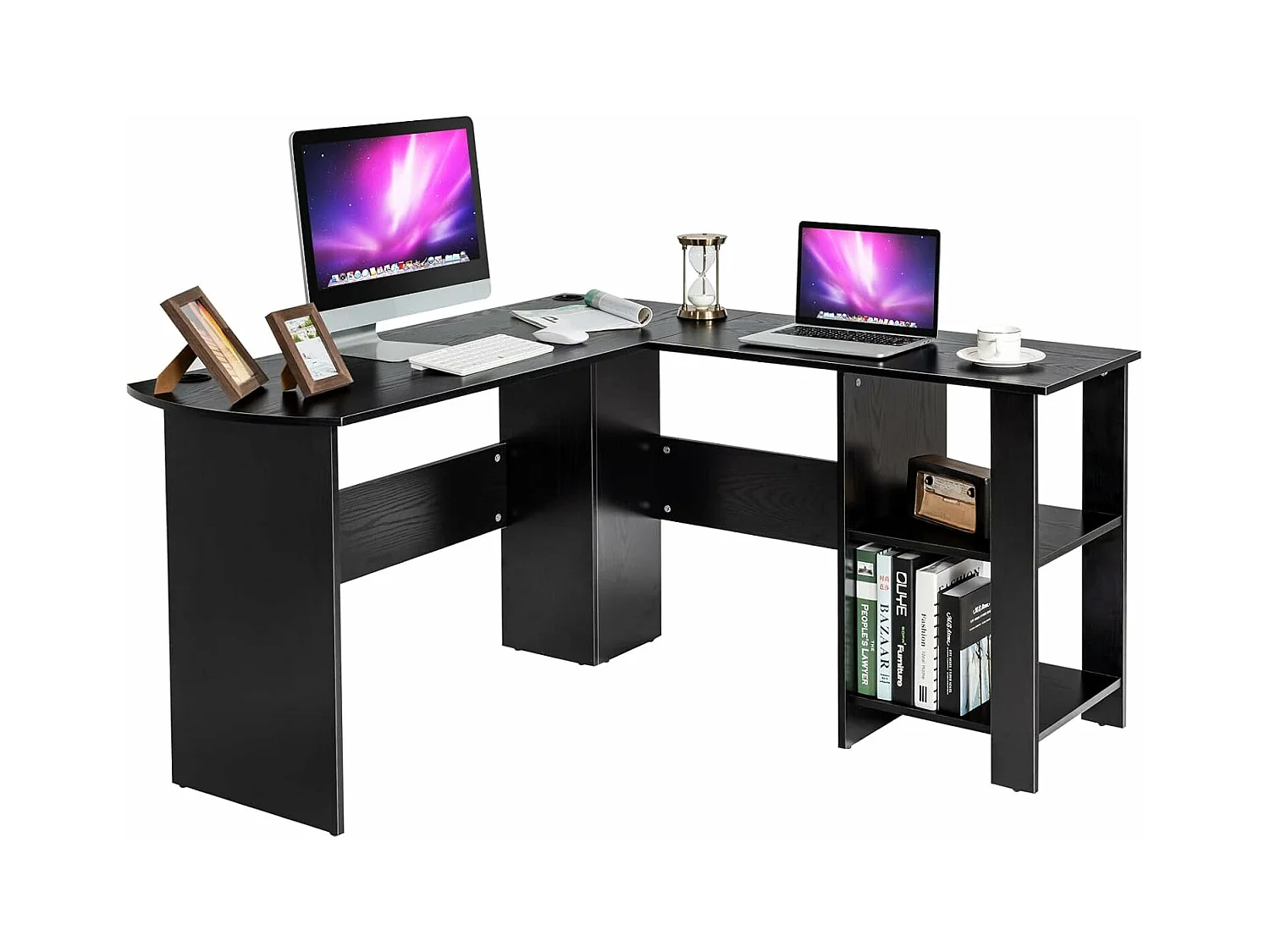 Bureau en Forme de L, Bureau d'angle avec Étagères de Rangement à 2 Niveaux, 2 Passe-câbles et Coussinets Antidérapants, 130 x 130 x 72,5 cm