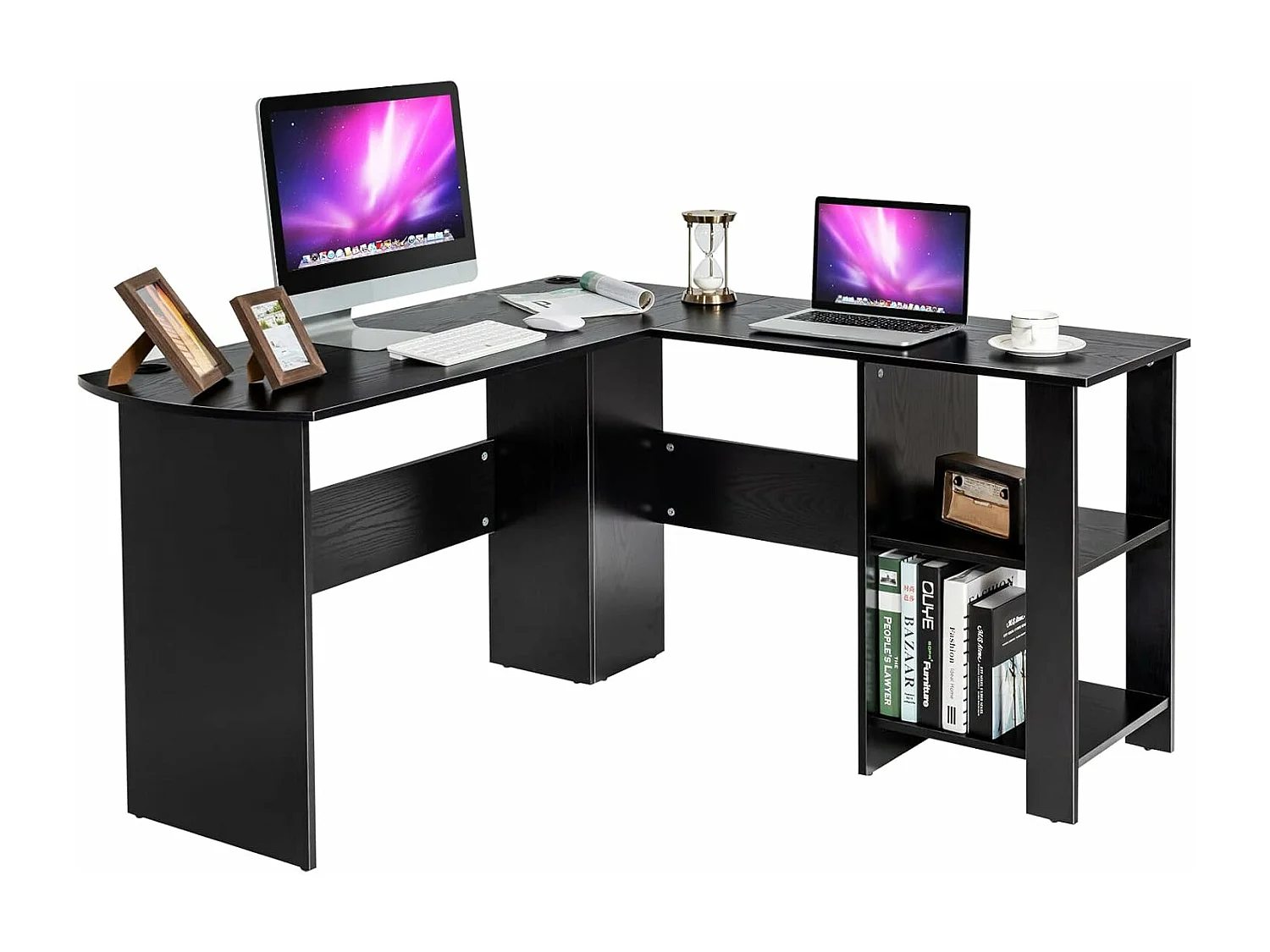 Bureau en Forme de L, Bureau d'angle avec Étagères de Rangement à 2 Niveaux, 2 Passe-câbles et Coussinets Antidérapants, 130 x 130 x 72,5 cm