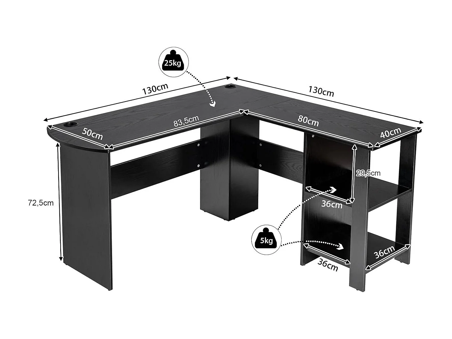 Bureau en Forme de L, Bureau d'angle avec Étagères de Rangement à 2 Niveaux, 2 Passe-câbles et Coussinets Antidérapants, 130 x 130 x 72,5 cm
