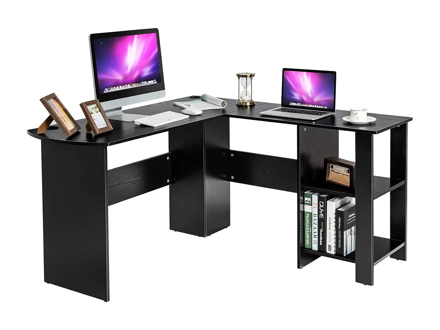 L-vormig bureau, hoekbureau met 2 opbergplanken, 2 kabeldoorvoeropeningen en antislipkussentjes, 130 x 130 x 72,5 cm