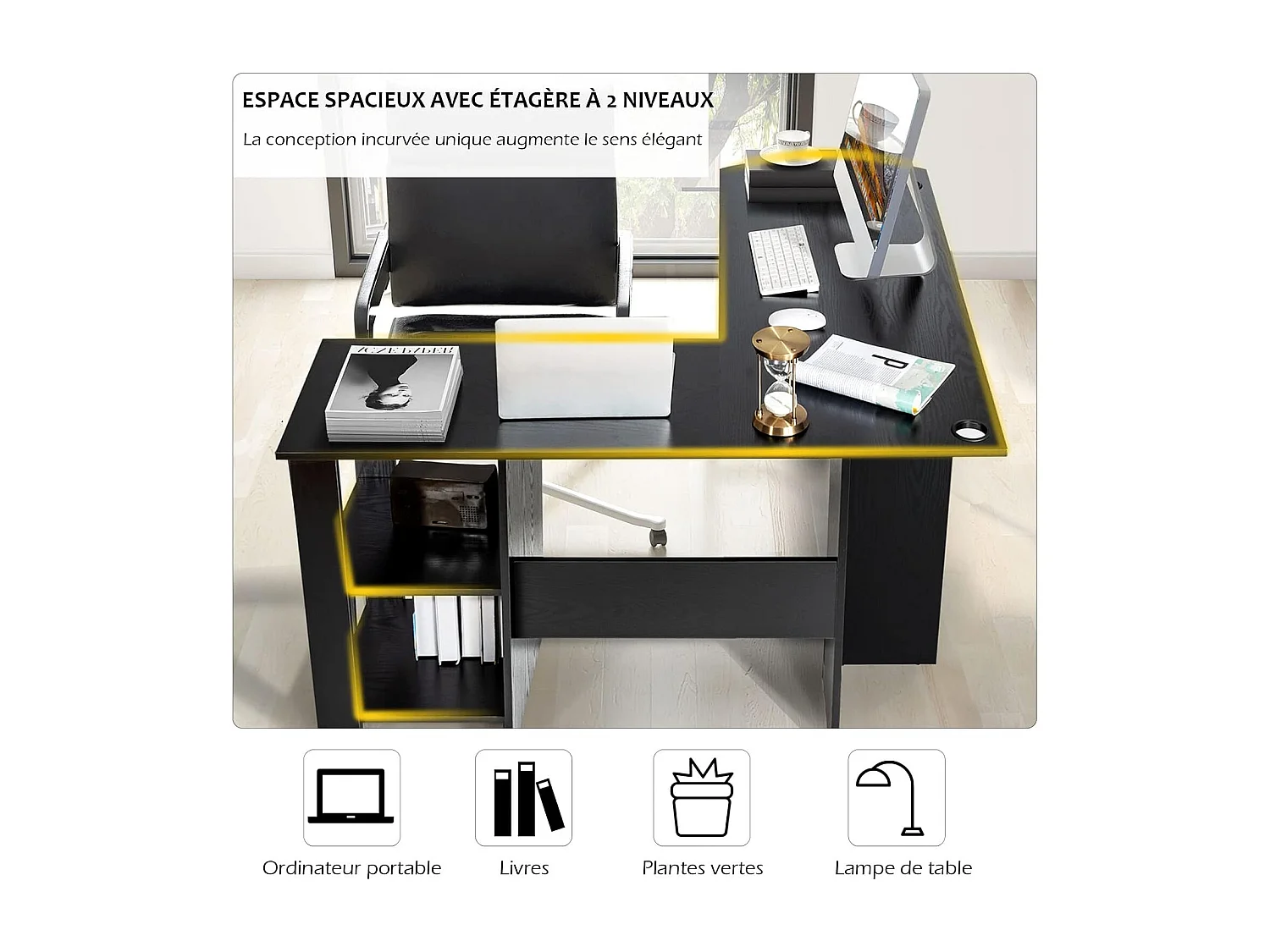 L-vormig bureau, hoekbureau met 2 opbergplanken, 2 kabeldoorvoeropeningen en antislipkussentjes, 130 x 130 x 72,5 cm