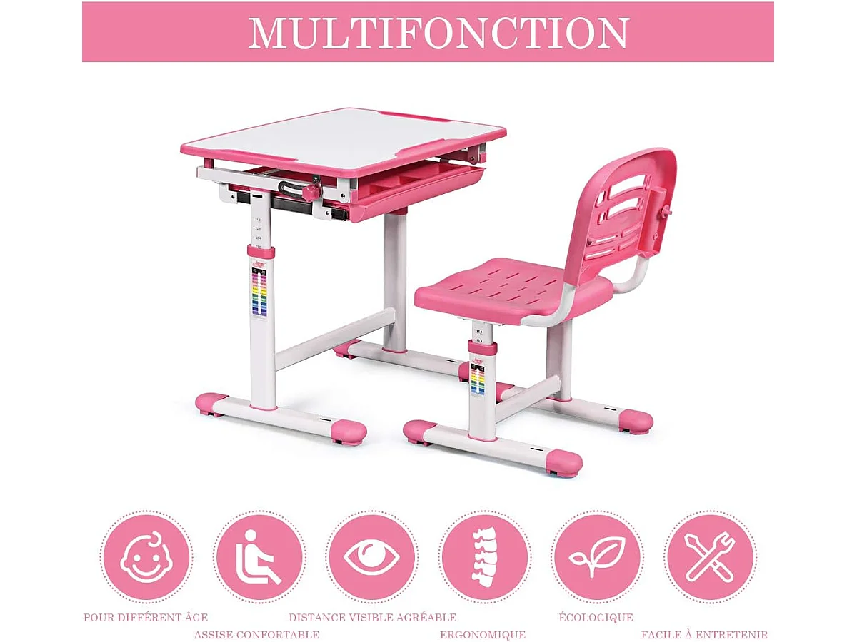 Bureau et Chaise Ensemble pour Enfants Ensemble Table Chaise Réglable en Hauteur avec Tiroir Inclinables