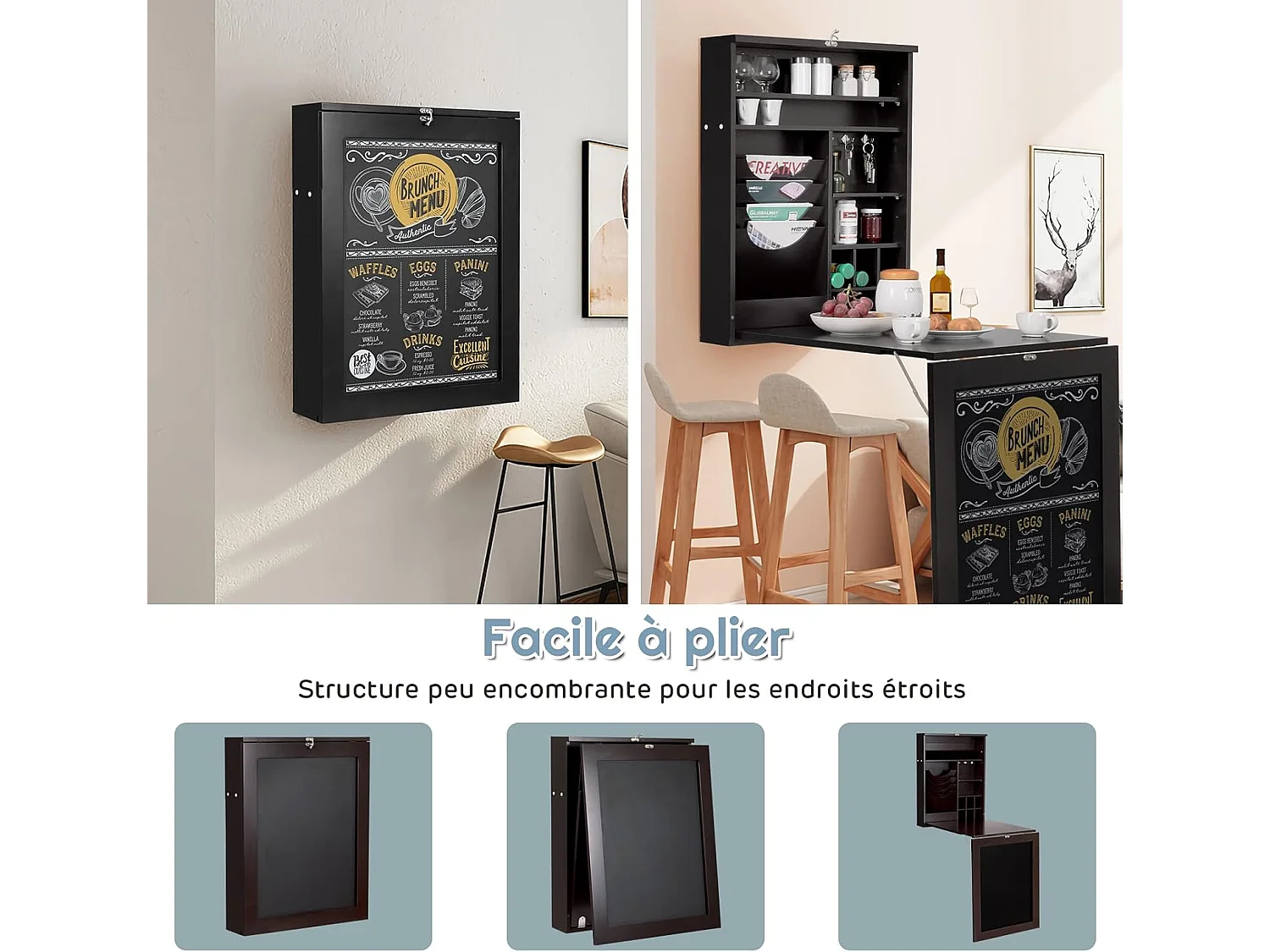 Bureau Mural Rabattable, Table Murale Pliable avec Compartiments Intégrés et Plateau Inscriptible, 87 x 60 x 150 CM Noir