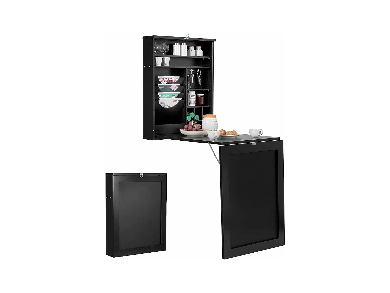 Bureau Mural Rabattable, Table Murale Pliable avec Compartiments Intégrés et Plateau Inscriptible, 87 x 60 x 150 CM Noir