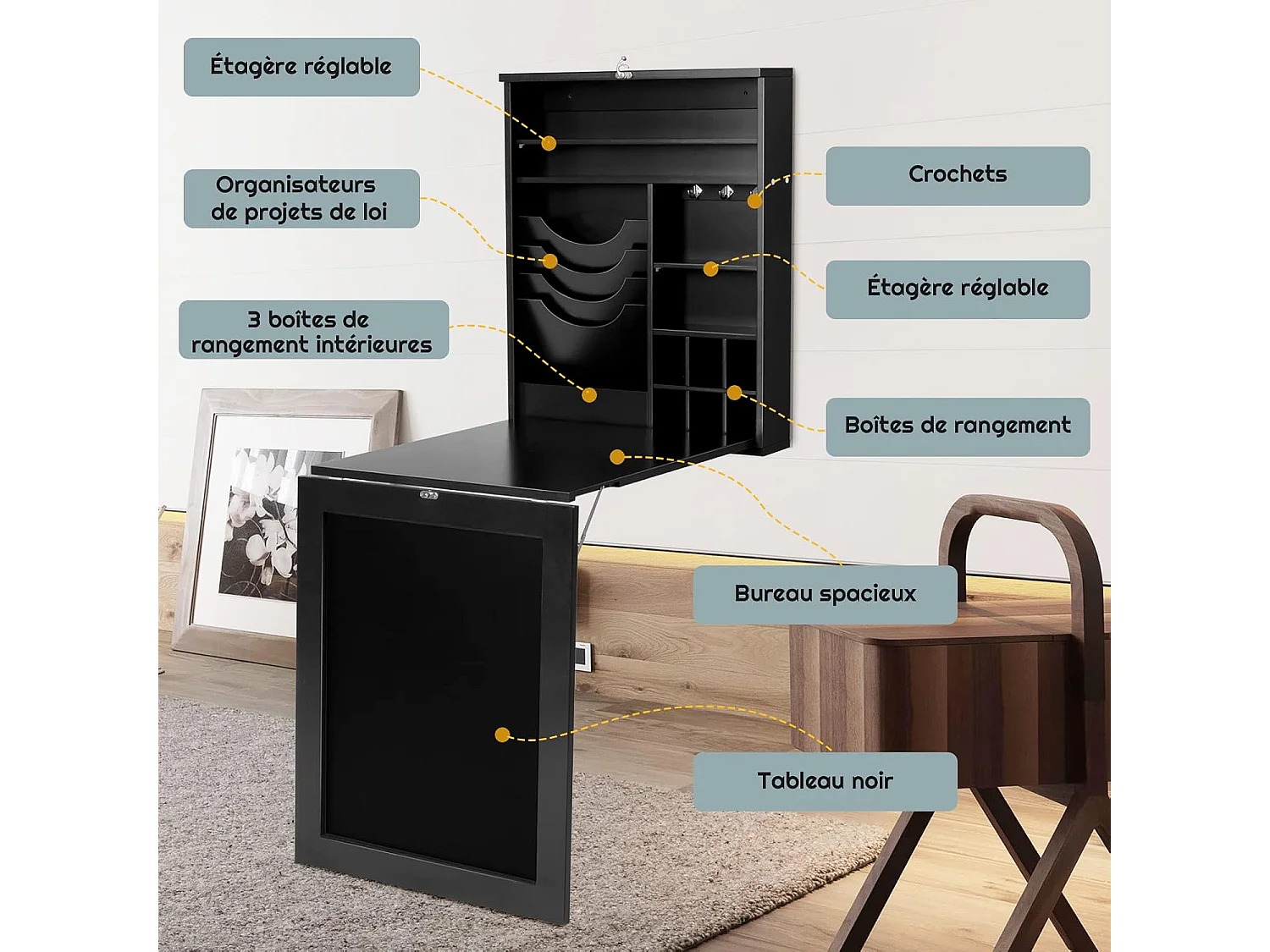 Bureau Mural Rabattable, Table Murale Pliable avec Compartiments Intégrés et Plateau Inscriptible, 87 x 60 x 150 CM Noir