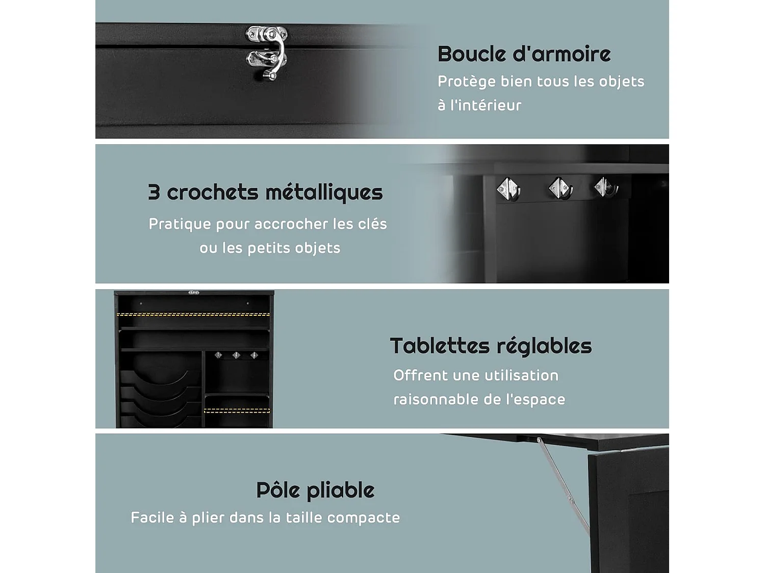 Bureau Mural Rabattable, Table Murale Pliable avec Compartiments Intégrés et Plateau Inscriptible, 87 x 60 x 150 CM Noir