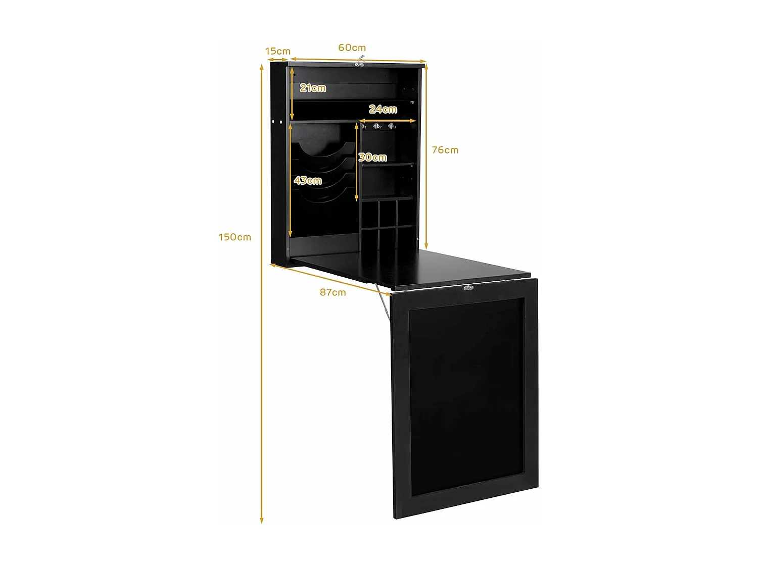 Bureau Mural Rabattable, Table Murale Pliable avec Compartiments Intégrés et Plateau Inscriptible, 87 x 60 x 150 CM Noir