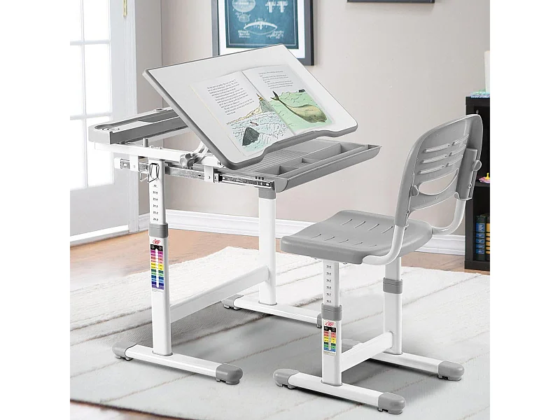 Bureau Enfant, Ensemble Table et Chaise pour Enfants avec Tiroir Hauteur Ajustable (Gris)