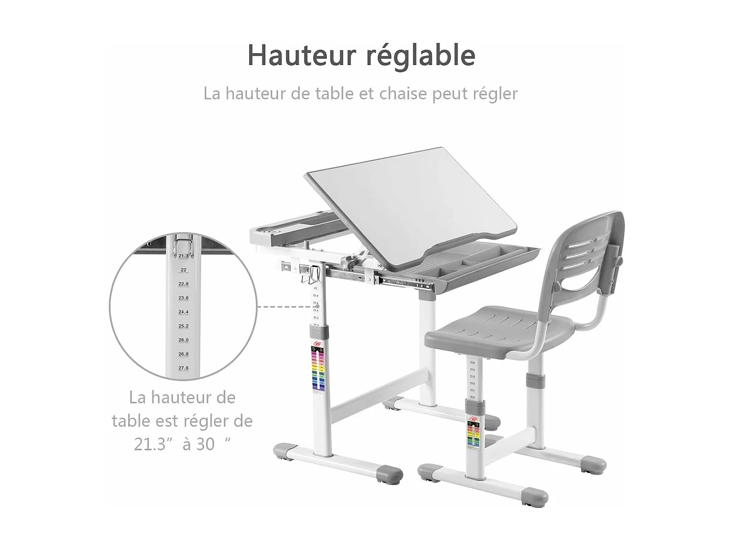 Bureau Enfant, Ensemble Table et Chaise pour Enfants avec Tiroir Hauteur Ajustable (Gris)
