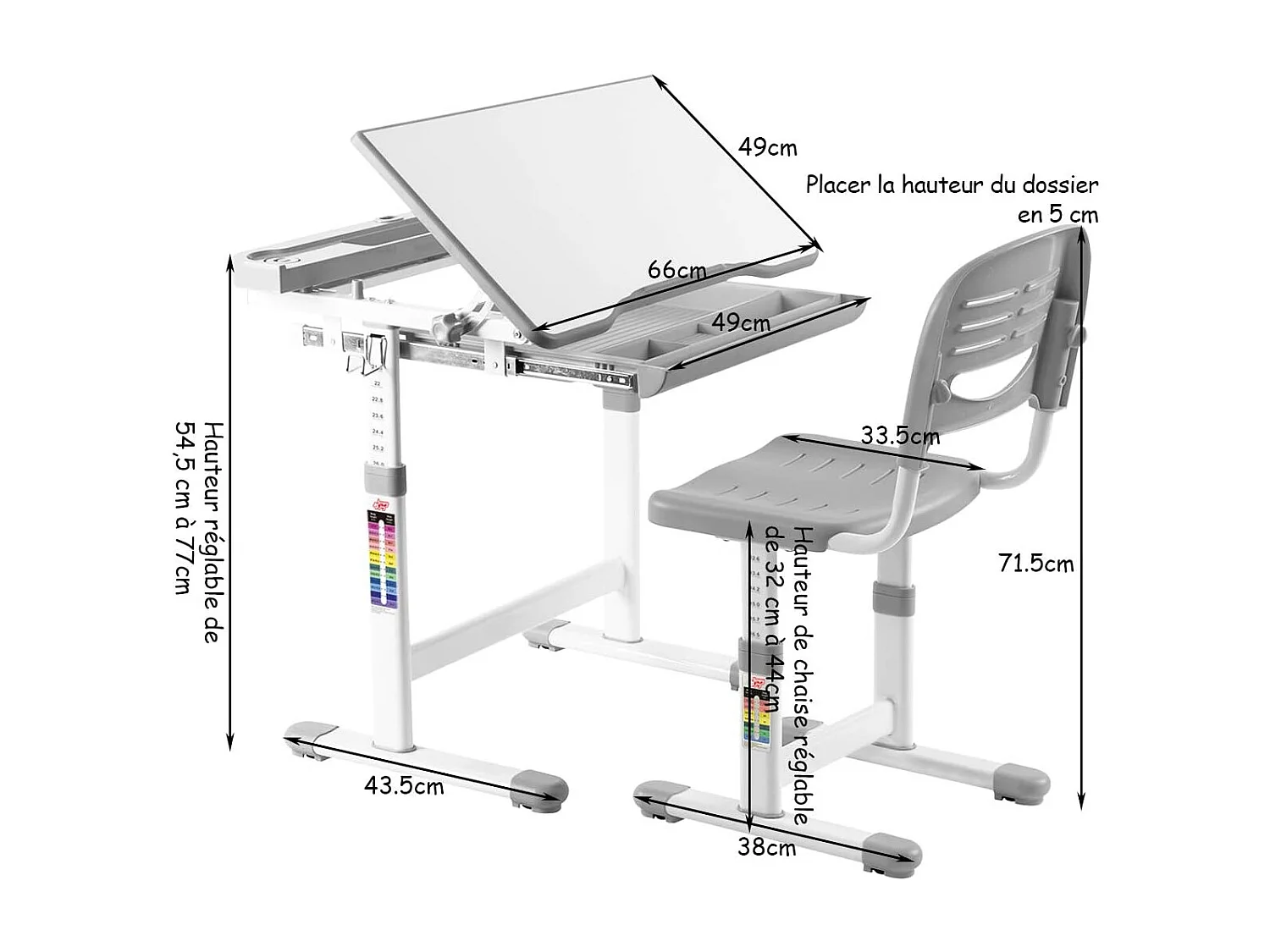 Bureau Enfant, Ensemble Table et Chaise pour Enfants avec Tiroir Hauteur Ajustable (Gris)
