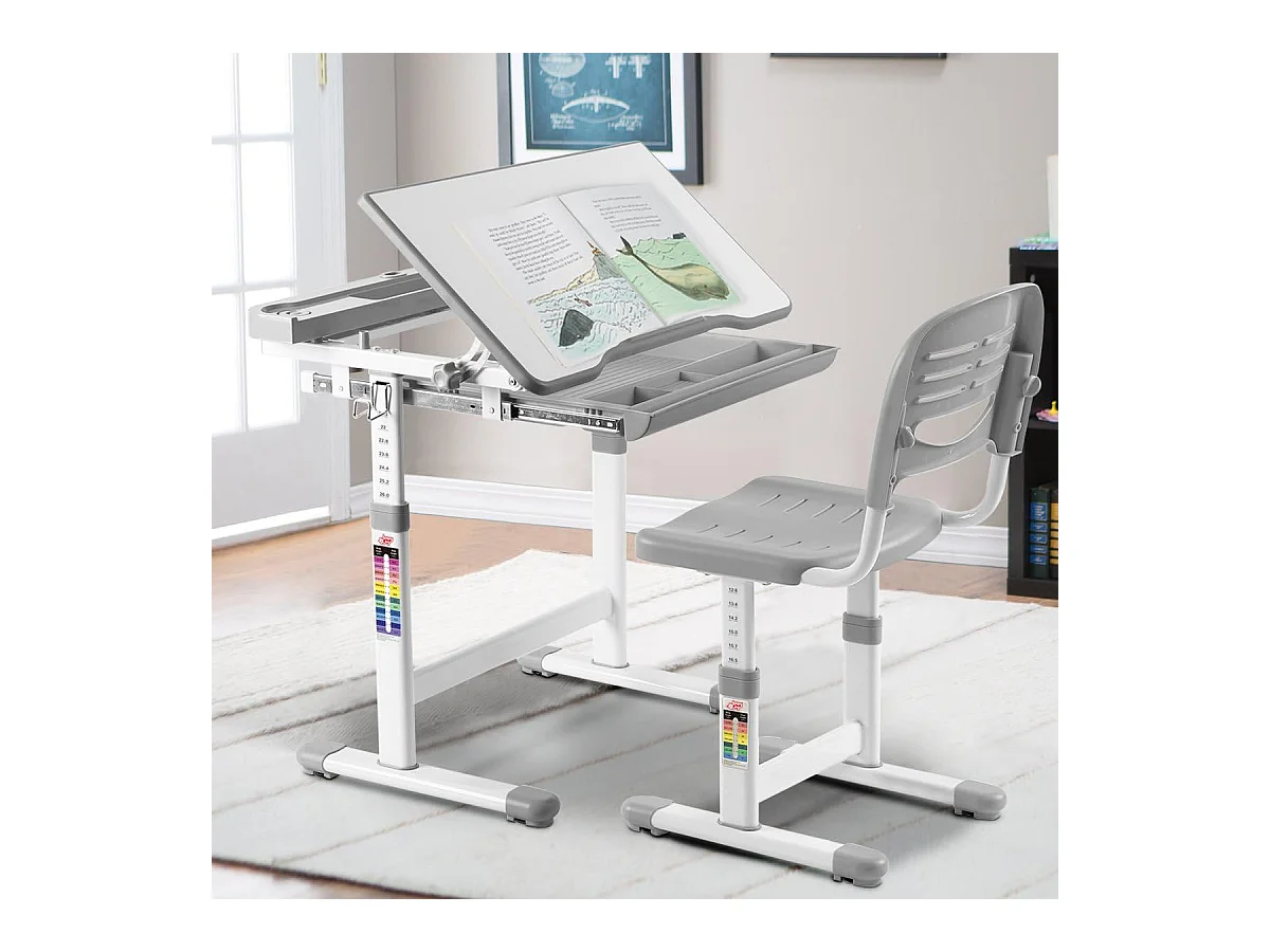Bureau Enfant, Ensemble Table et Chaise pour Enfants avec Tiroir Hauteur Ajustable (Gris)