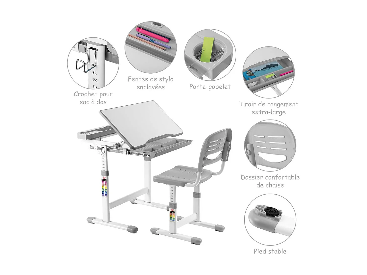 Bureau Enfant, Ensemble Table et Chaise pour Enfants avec Tiroir Hauteur Ajustable (Gris)