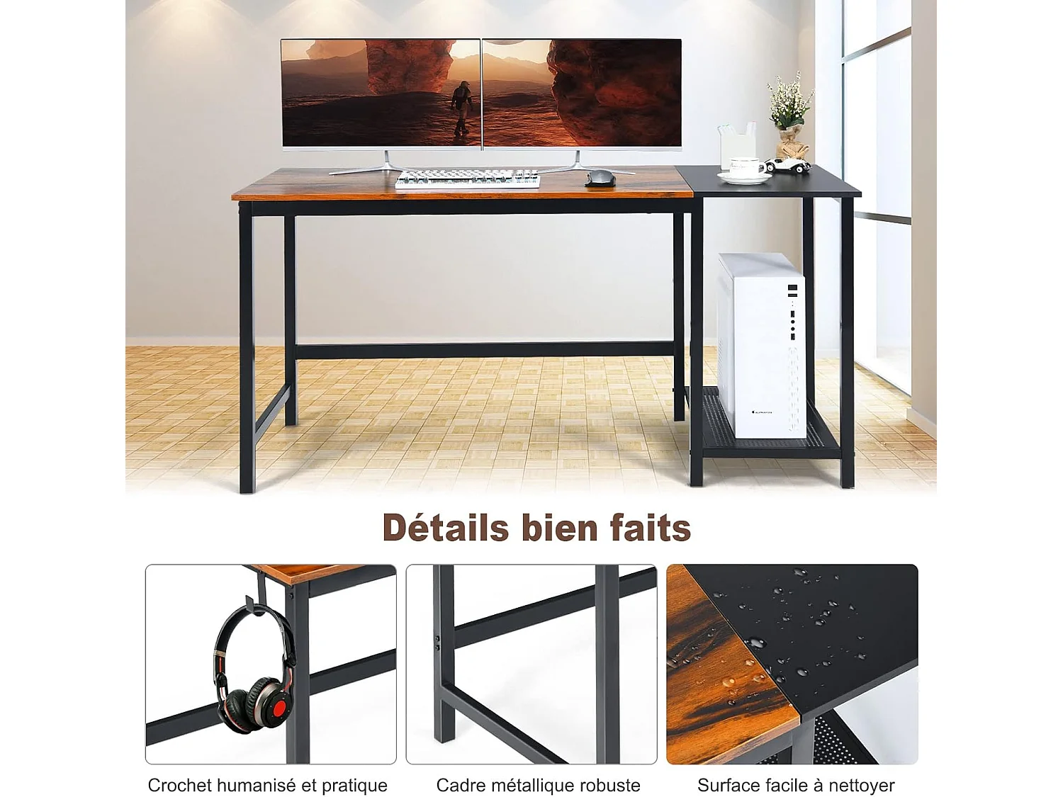 Bureau de 140 Cm Poste de Travail Informatique Moderne avec 2 Tiroirs Crochet de Suspension Étagère de Rangement Marron Rustique et Noir