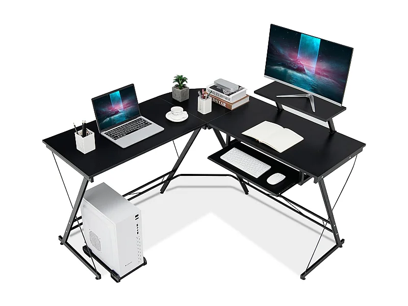 Bureau d'angle Table en Forme de L pour Ordinateur 126,5 x 130 x 94 CM avec Rangement pour CPU, Etagère Amovible pour Ecran et Plateau Coulissant pour Clavier