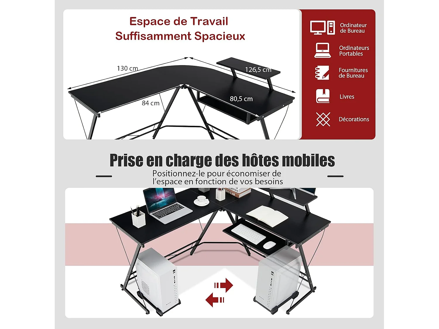 Bureau d'angle Table en Forme de L pour Ordinateur 126,5 x 130 x 94 CM avec Rangement pour CPU, Etagère Amovible pour Ecran et Plateau Coulissant pour Clavier