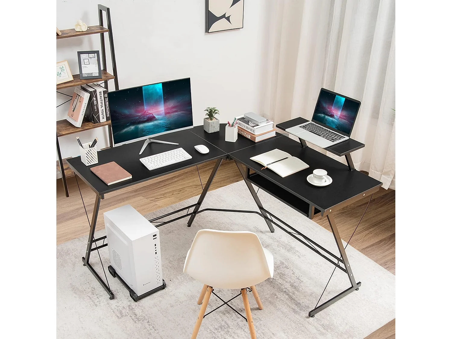 Bureau d'angle Table en Forme de L pour Ordinateur 126,5 x 130 x 94 CM avec Rangement pour CPU, Etagère Amovible pour Ecran et Plateau Coulissant pour Clavier