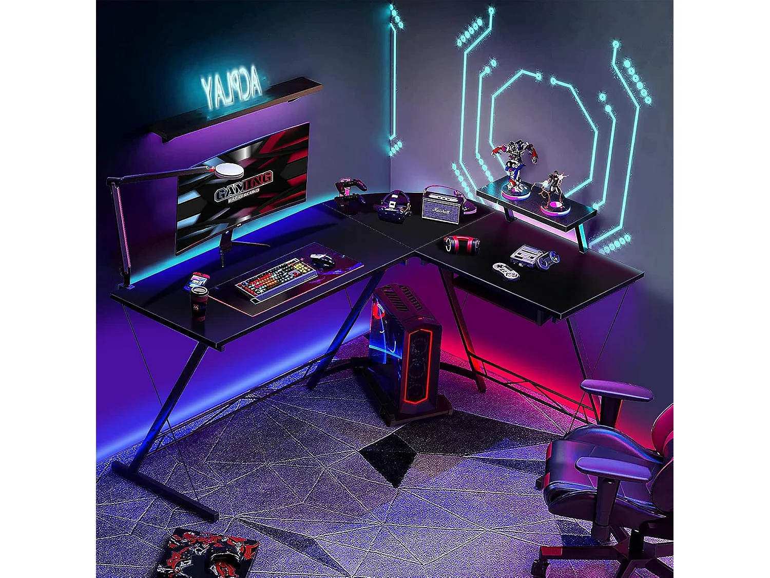 Bureau d'angle Table en Forme de L pour Ordinateur 126,5 x 130 x 94 CM avec Rangement pour CPU, Etagère Amovible pour Ecran et Plateau Coulissant pour Clavier