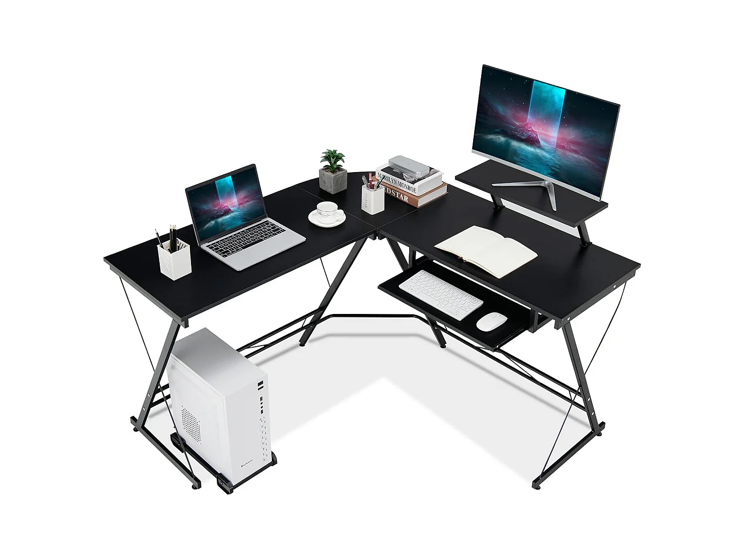 Bureau d'angle Table en Forme de L pour Ordinateur 126,5 x 130 x 94 CM avec Rangement pour CPU, Etagère Amovible pour Ecran et Plateau Coulissant pour Clavier