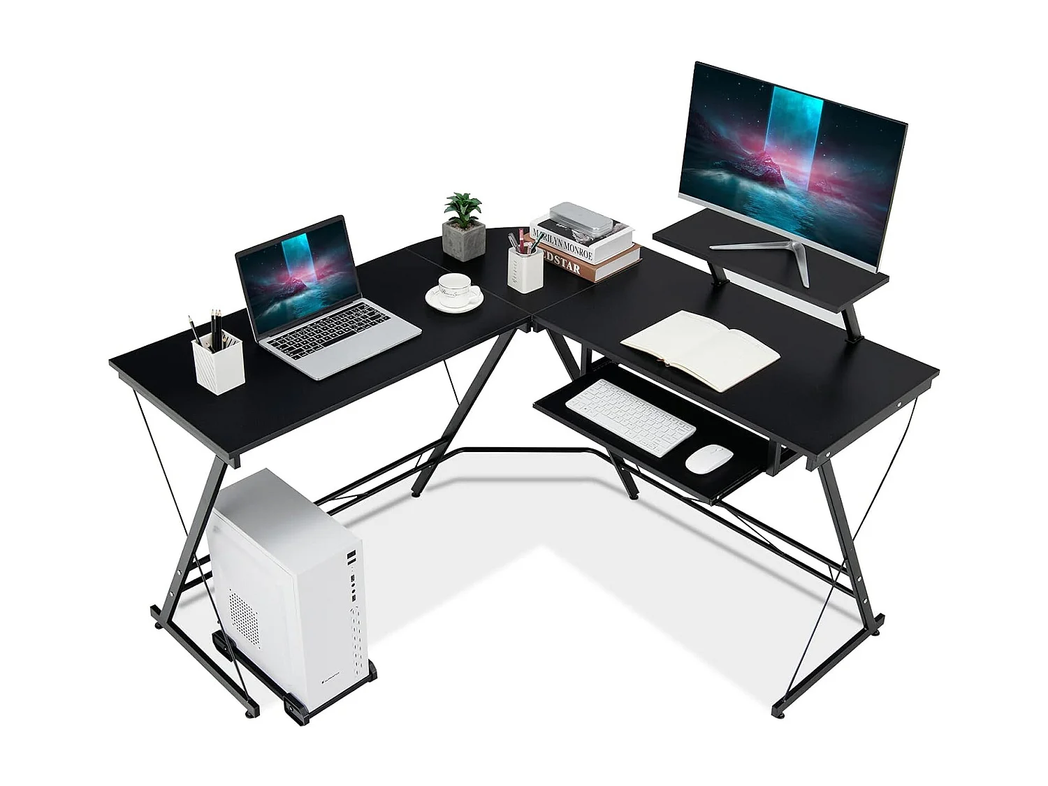 Bureau d'angle Table en Forme de L pour Ordinateur 126,5 x 130 x 94 CM avec Rangement pour CPU, Etagère Amovible pour Ecran et Plateau Coulissant pour Clavier