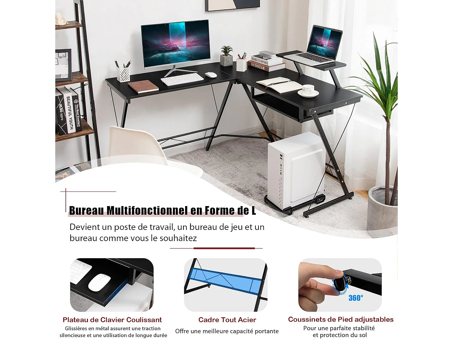 Bureau d'angle Table en Forme de L pour Ordinateur 126,5 x 130 x 94 CM avec Rangement pour CPU, Etagère Amovible pour Ecran et Plateau Coulissant pour Clavier