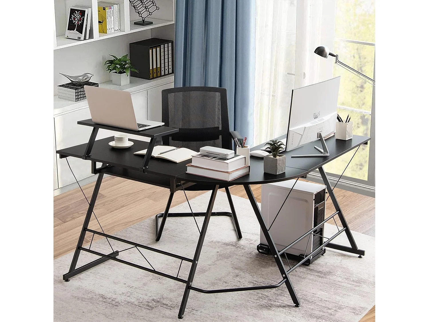 Bureau d'angle Table en Forme de L pour Ordinateur 126,5 x 130 x 94 CM avec Rangement pour CPU, Etagère Amovible pour Ecran et Plateau Coulissant pour Clavier