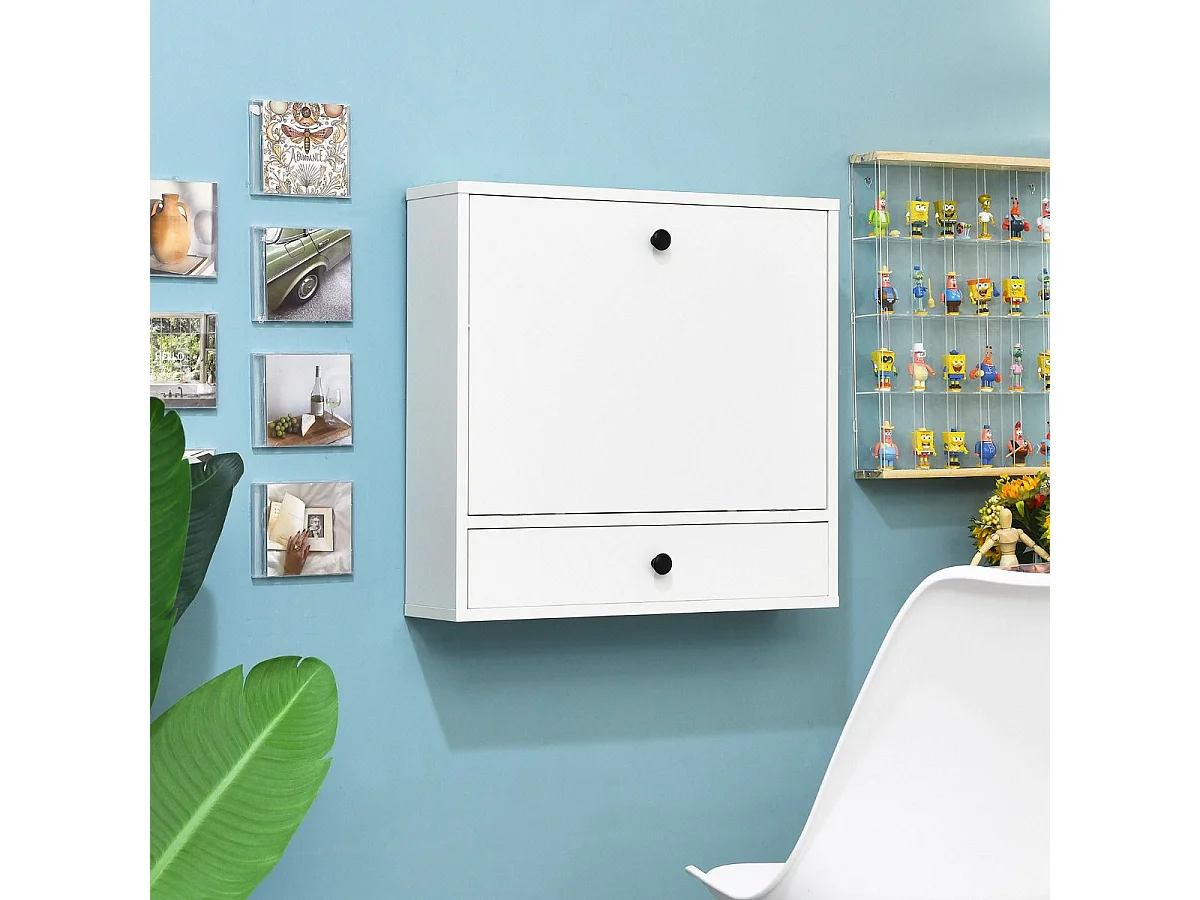 Bureau Mural Rabattable pour Ordinateur Portable, Armoire avec Plateau Murale, avec Étagères Intégrée (Blanc)
