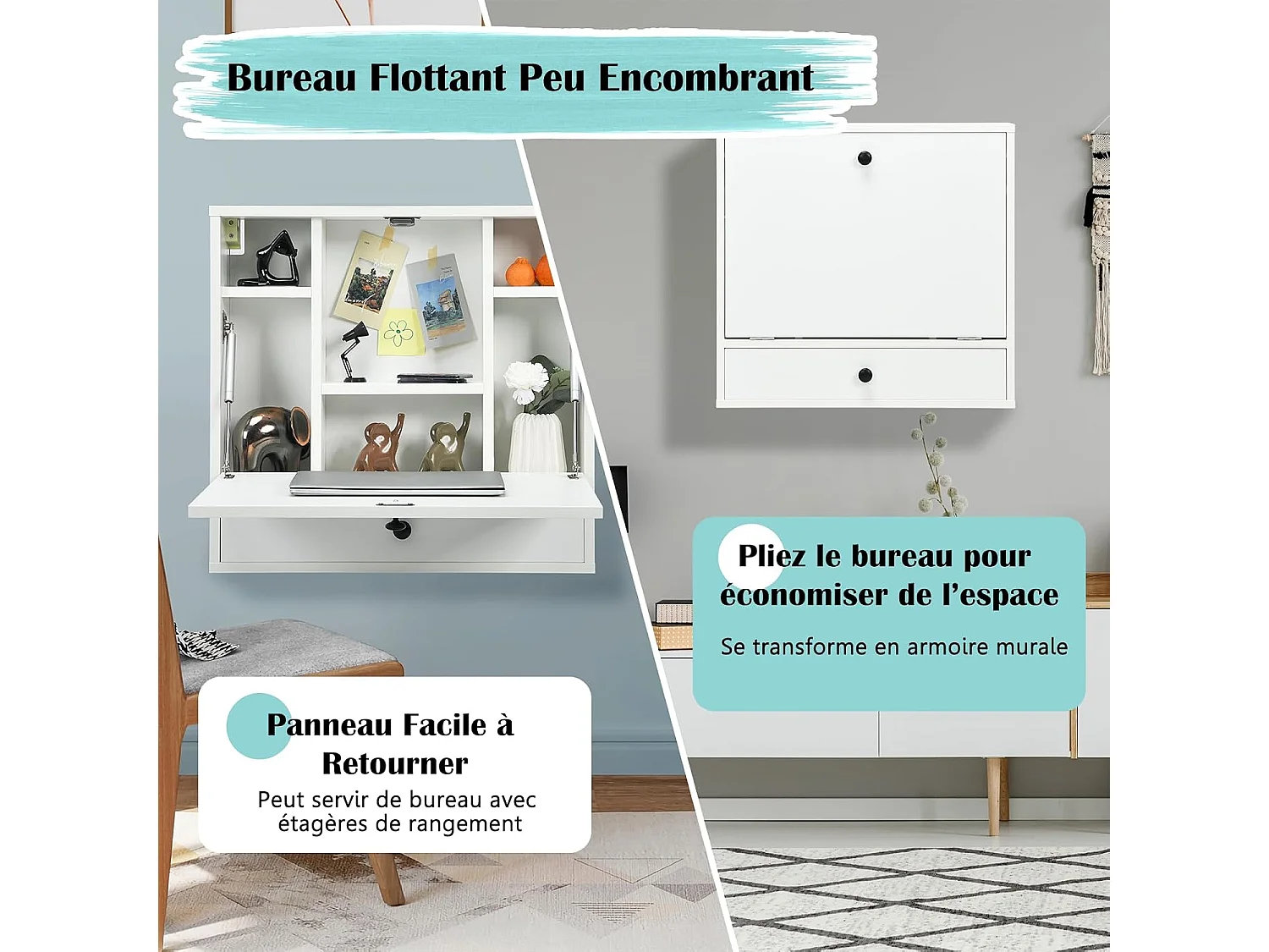 Bureau Mural Rabattable pour Ordinateur Portable, Armoire avec Plateau Murale, avec Étagères Intégrée (Blanc)