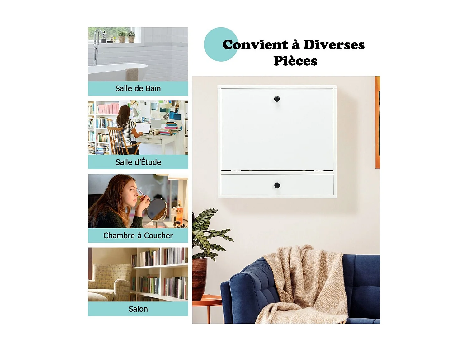 Bureau Mural Rabattable pour Ordinateur Portable, Armoire avec Plateau Murale, avec Étagères Intégrée (Blanc)