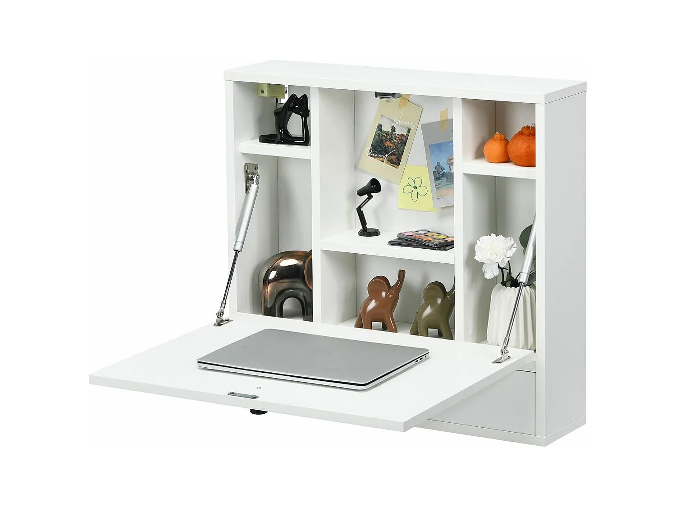 Bureau Mural Rabattable pour Ordinateur Portable, Armoire avec Plateau Murale, avec Étagères Intégrée (Blanc)
