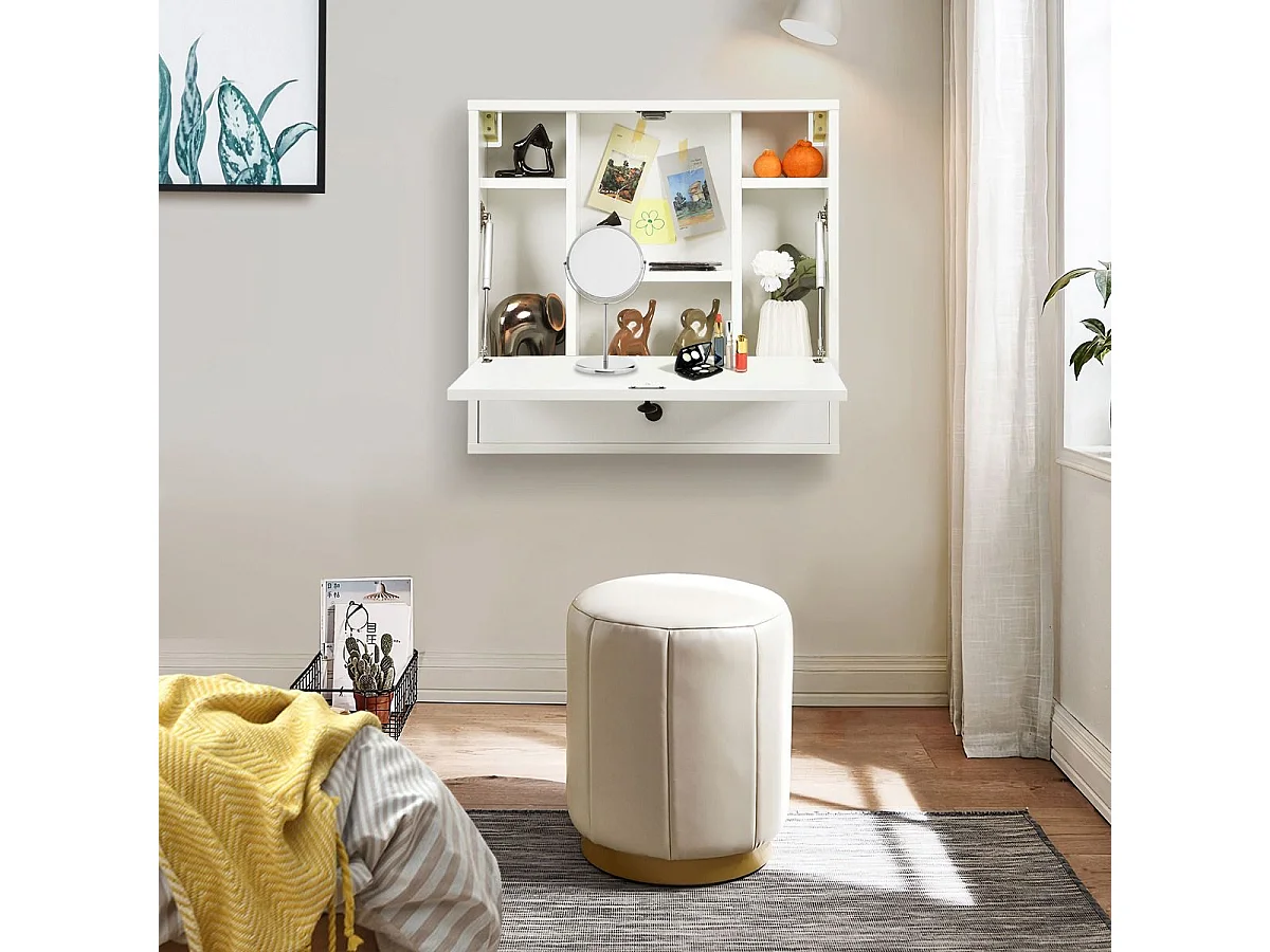 Bureau Mural Rabattable pour Ordinateur Portable, Armoire avec Plateau Murale, avec Étagères Intégrée (Blanc)
