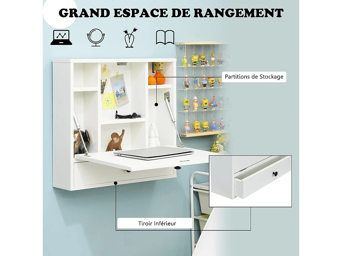 Bureau Mural Rabattable pour Ordinateur Portable, Armoire avec Plateau Murale, avec Étagères Intégrée (Blanc)