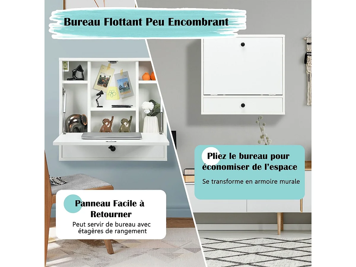 Bureau Mural Rabattable pour Ordinateur Portable, Armoire avec Plateau Murale, avec Étagères Intégrée (Blanc)