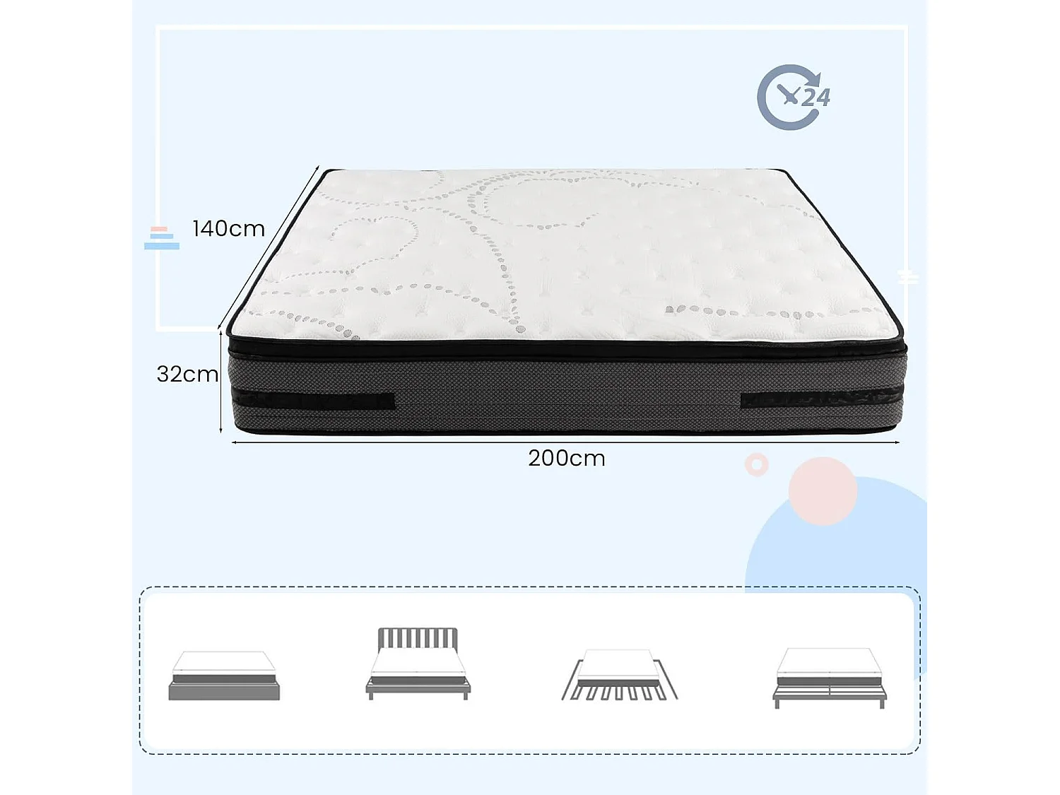 Matelas Hybride Infusé de Gel Frais H2 140x200 cm, Mousse à Mémoire, Épaisseur32 cm, Housse en Tissu Tricoté Doux, Soutien à 7 Zones, Ultra Doux