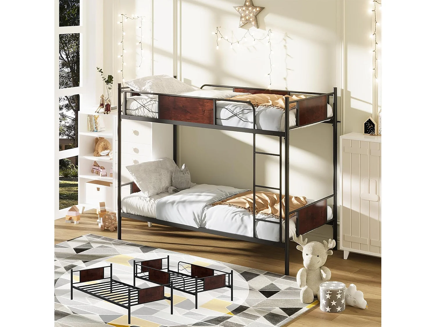 Lit Superposé en Métal 90x190cm, 2 Lits Simples Détachables avec Échelle, Garde-Corps, Dispositif Anti-basculement, Style Industriel, pour Enfant/Adulte