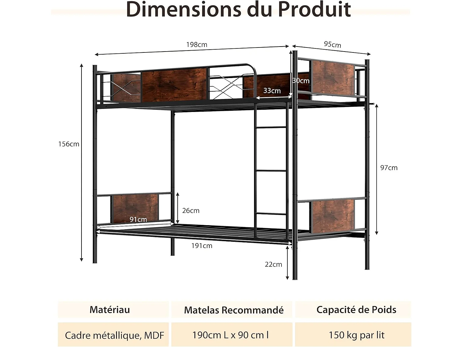 Lit Superposé en Métal 90x190cm, 2 Lits Simples Détachables avec Échelle, Garde-Corps, Dispositif Anti-basculement, Style Industriel, pour Enfant/Adulte