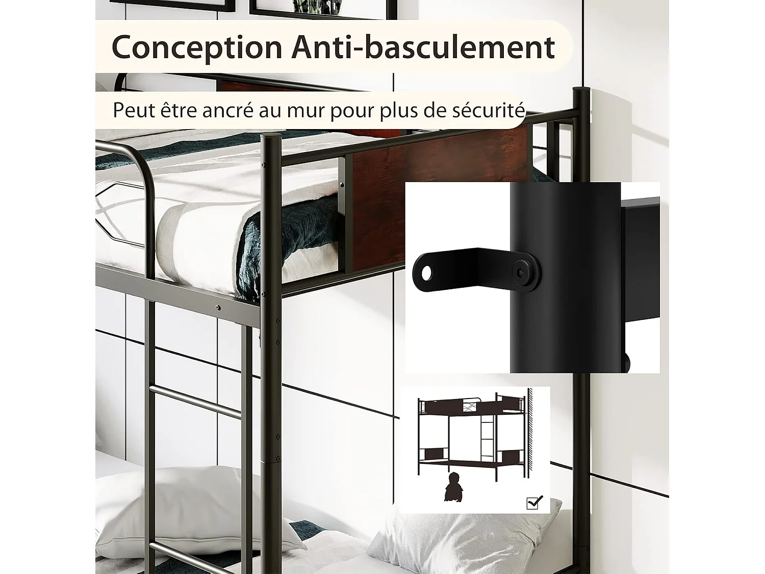 Lit Superposé en Métal 90x190cm, 2 Lits Simples Détachables avec Échelle, Garde-Corps, Dispositif Anti-basculement, Style Industriel, pour Enfant/Adulte