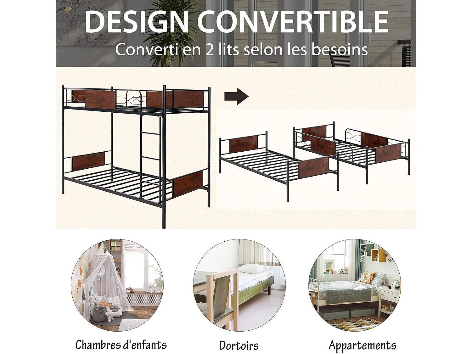 Lit Superposé en Métal 90x190cm, 2 Lits Simples Détachables avec Échelle, Garde-Corps, Dispositif Anti-basculement, Style Industriel, pour Enfant/Adulte