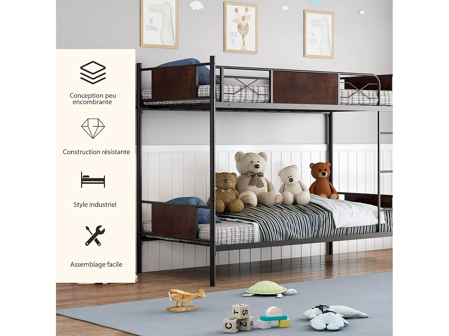 Lit Superposé en Métal 90x190cm, 2 Lits Simples Détachables avec Échelle, Garde-Corps, Dispositif Anti-basculement, Style Industriel, pour Enfant/Adulte