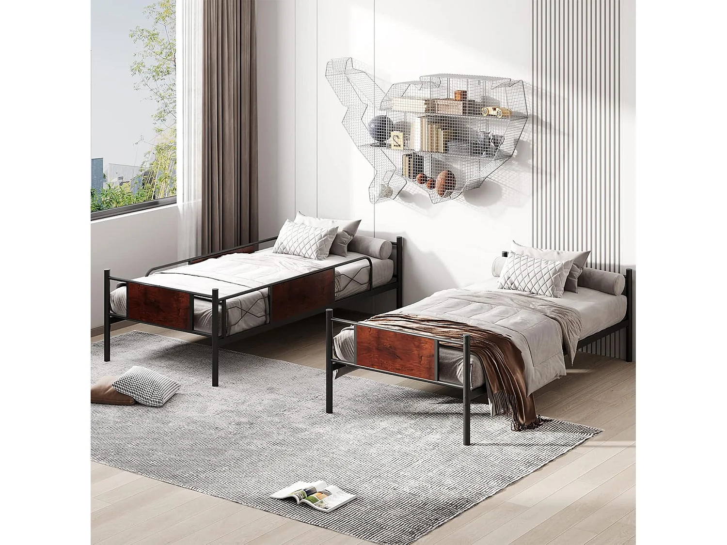 Stapelbed van metaal, 90x190 cm, 2 afneembare eenpersoonsbedden met ladder, leuning, kantelbeveiliging, industriële stijl, voor kind/volwassene