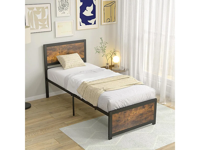 Lit Simple 90x200cm avec Sommier, Support à Lattes en Métal, avec Tête de Lit et Rangement sous Le Lit, Style Industriel, Assemblage Facile