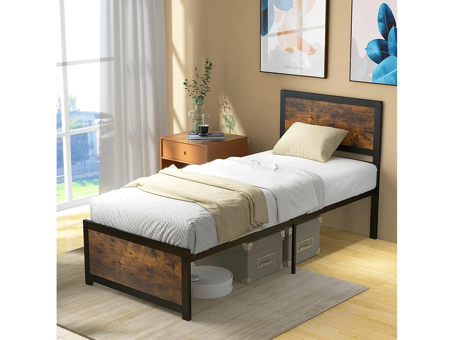 Lit Simple 90x200cm avec Sommier, Support à Lattes en Métal, avec Tête de Lit et Rangement sous Le Lit, Style Industriel, Assemblage Facile