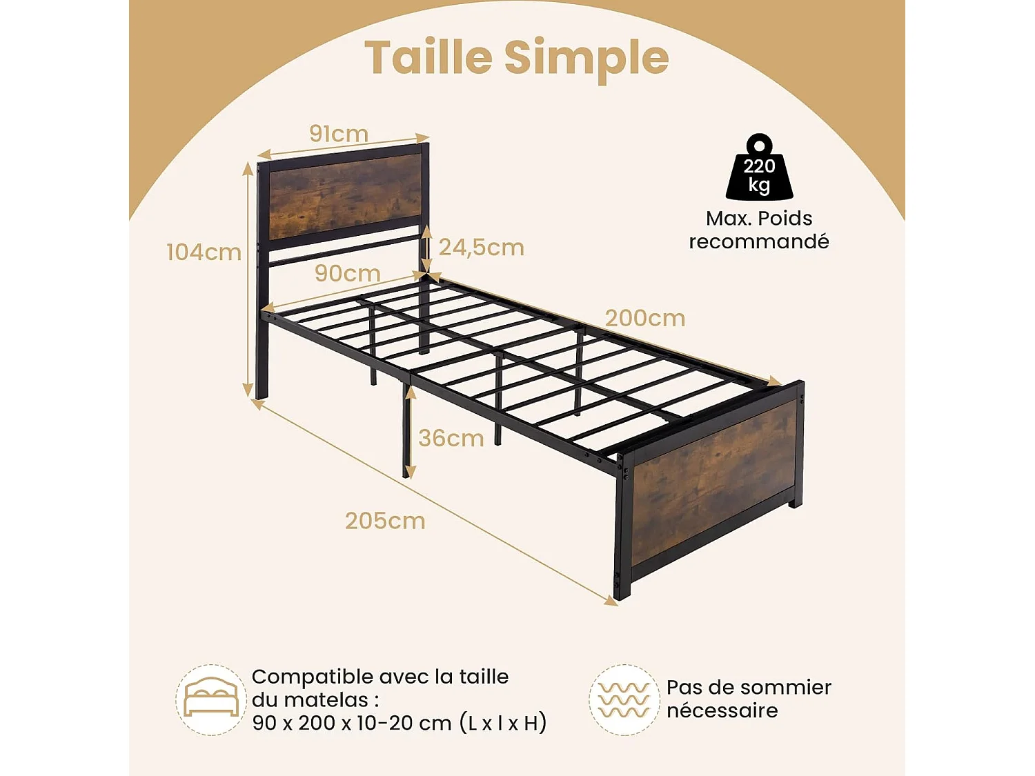 Lit Simple 90x200cm avec Sommier, Support à Lattes en Métal, avec Tête de Lit et Rangement sous Le Lit, Style Industriel, Assemblage Facile