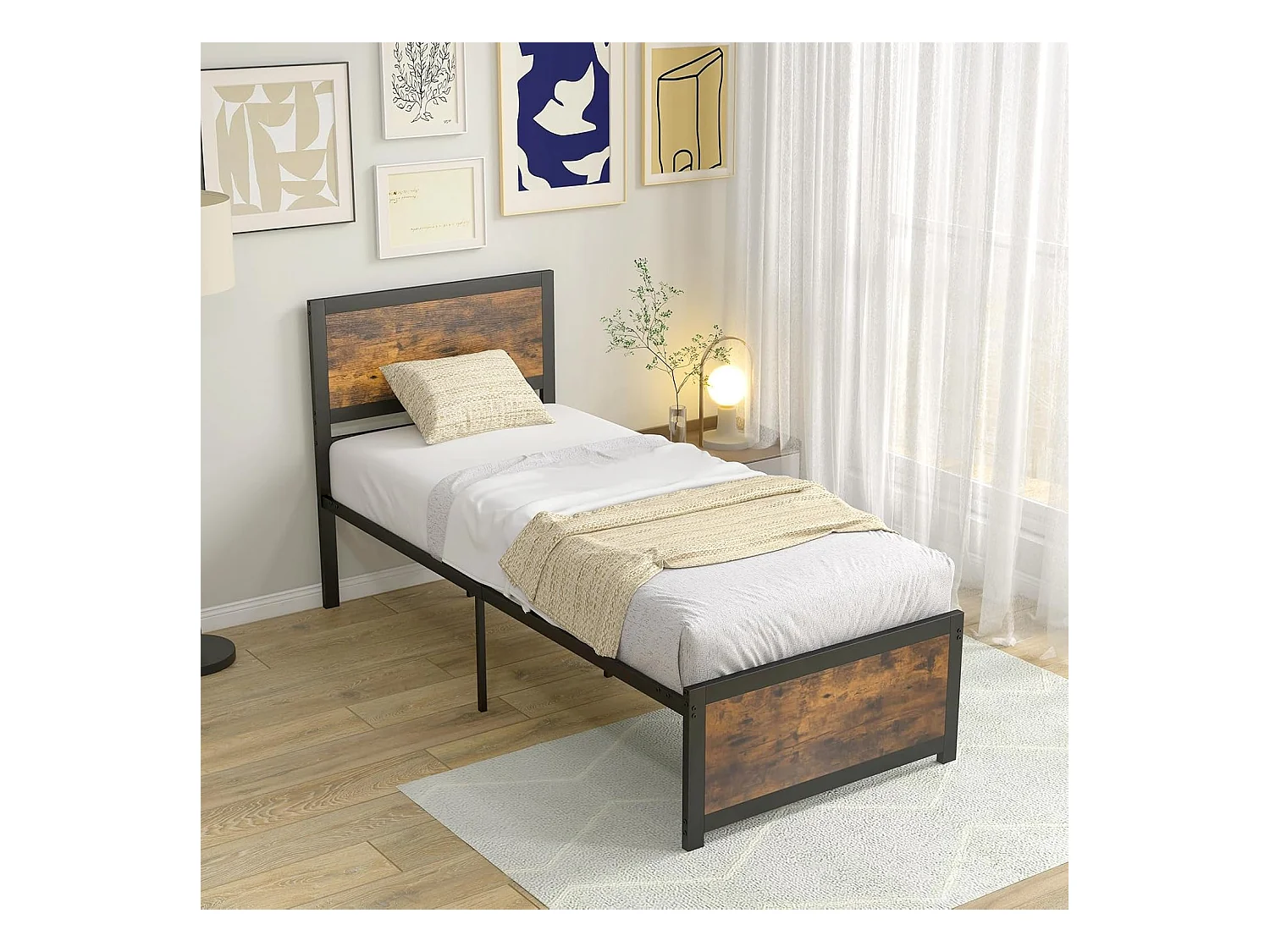 Lit Simple 90x200cm avec Sommier, Support à Lattes en Métal, avec Tête de Lit et Rangement sous Le Lit, Style Industriel, Assemblage Facile