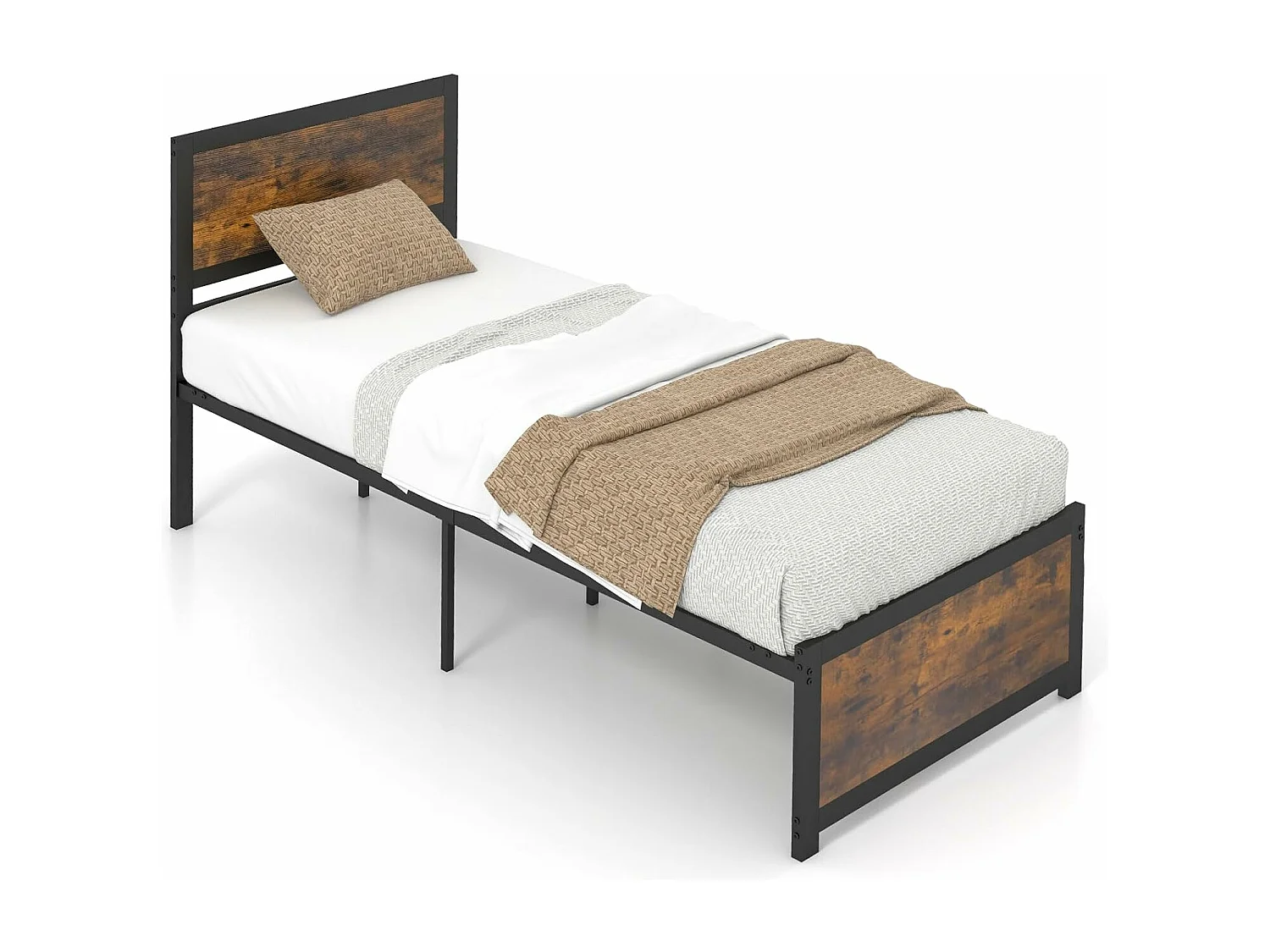 Lit Simple 90x200cm avec Sommier, Support à Lattes en Métal, avec Tête de Lit et Rangement sous Le Lit, Style Industriel, Assemblage Facile