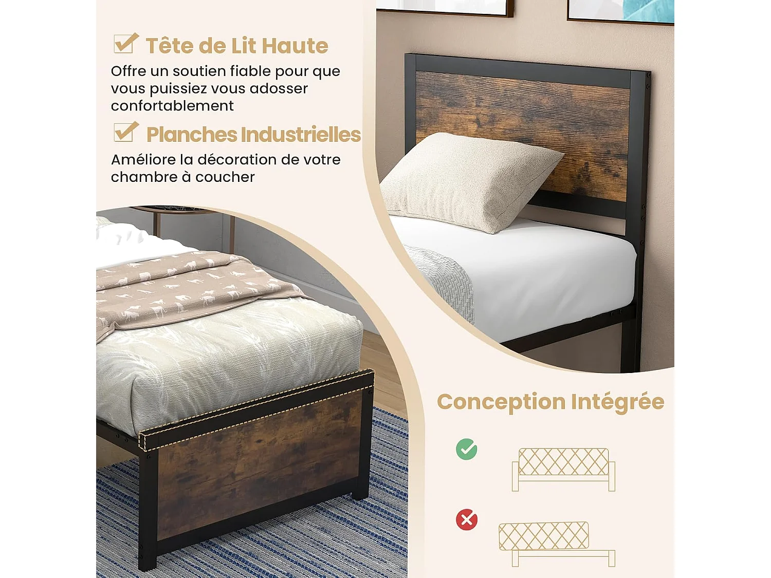 Lit Simple 90x200cm avec Sommier, Support à Lattes en Métal, avec Tête de Lit et Rangement sous Le Lit, Style Industriel, Assemblage Facile