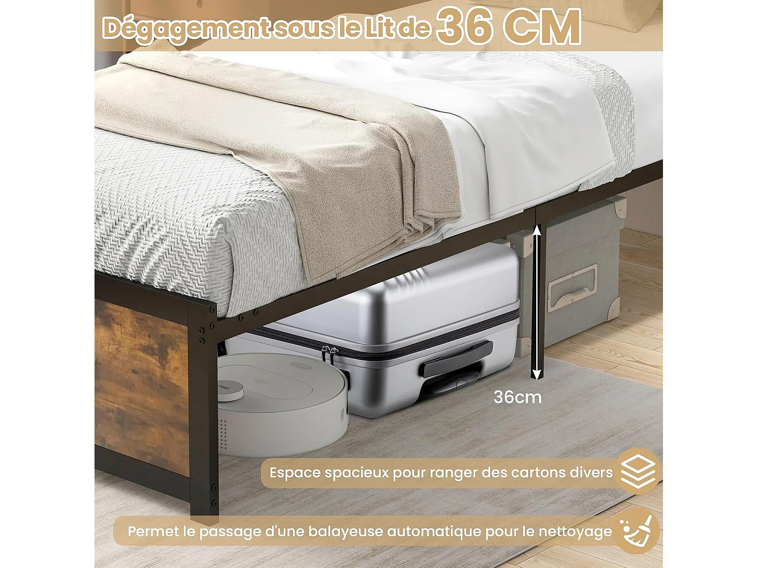 Lit Simple 90x200cm avec Sommier, Support à Lattes en Métal, avec Tête de Lit et Rangement sous Le Lit, Style Industriel, Assemblage Facile