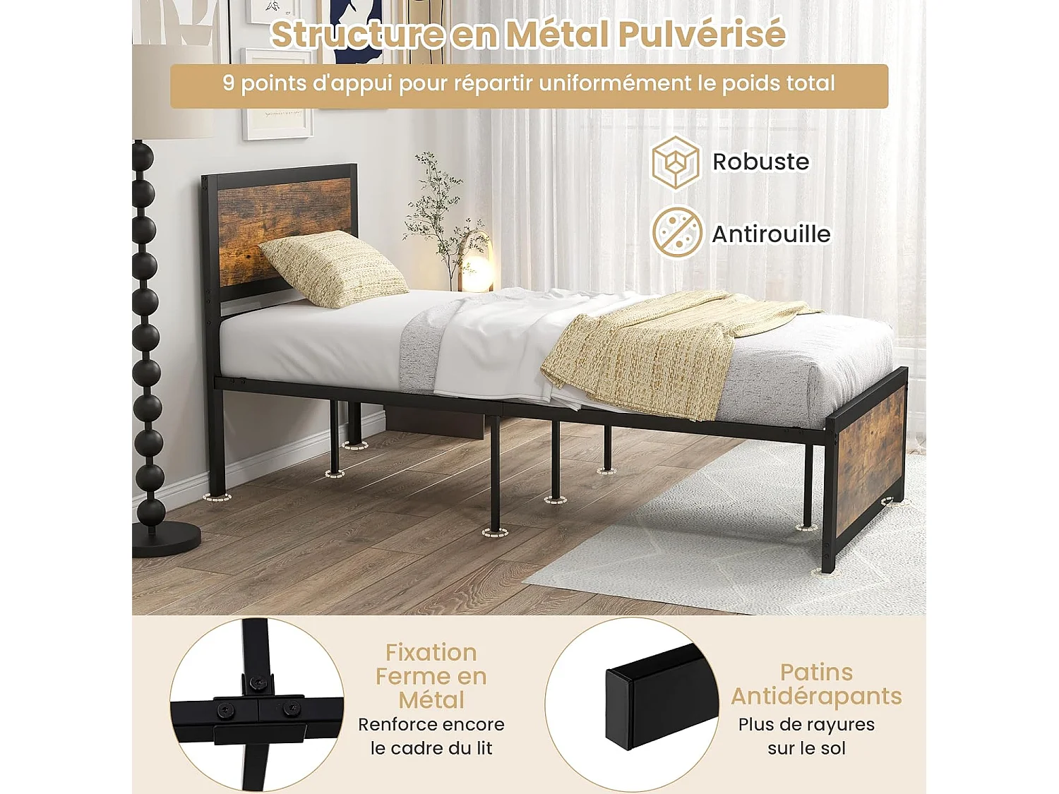 Lit Simple 90x200cm avec Sommier, Support à Lattes en Métal, avec Tête de Lit et Rangement sous Le Lit, Style Industriel, Assemblage Facile